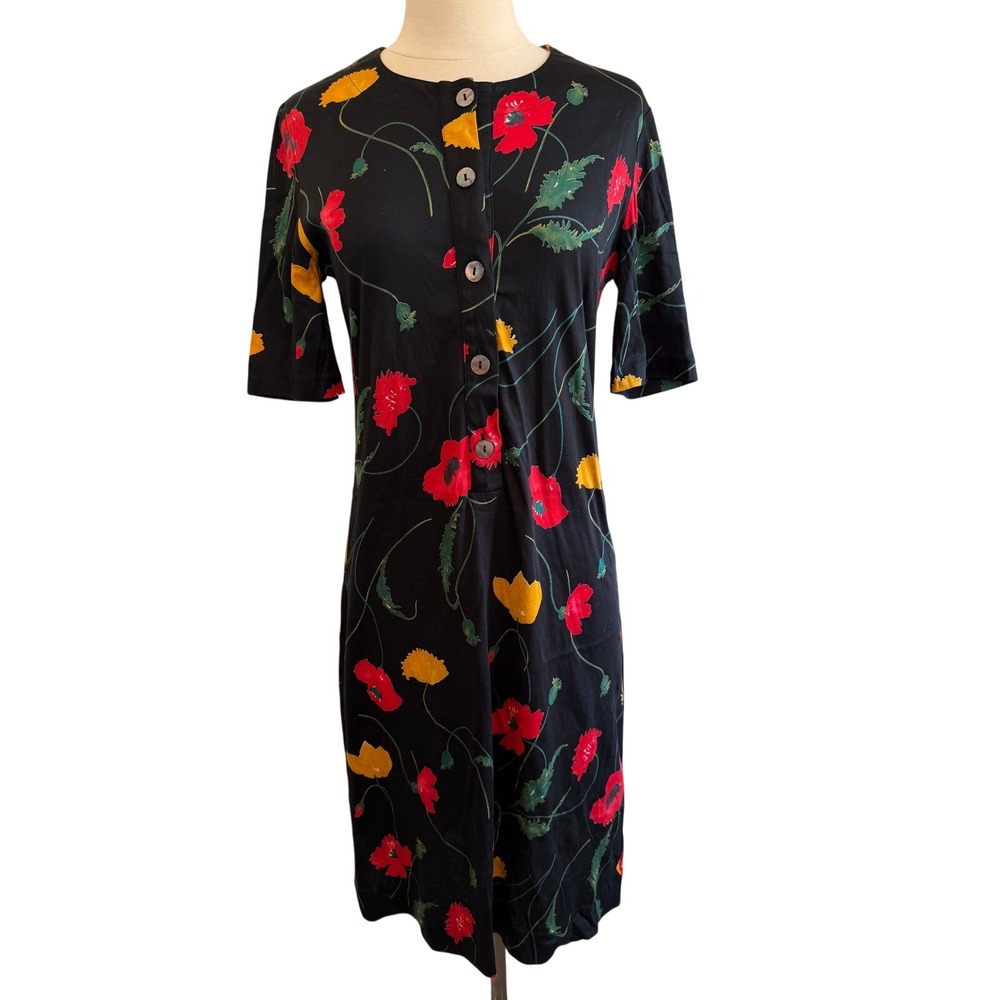 Gianfranco Formica Italy Black Cotton Poppy Floral Midi Dress Medium